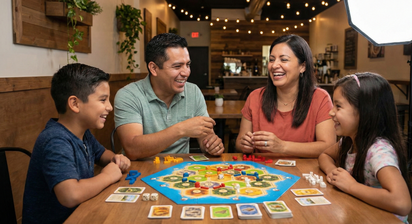 Familia disfrutando juegos de mesa en Ludonauta